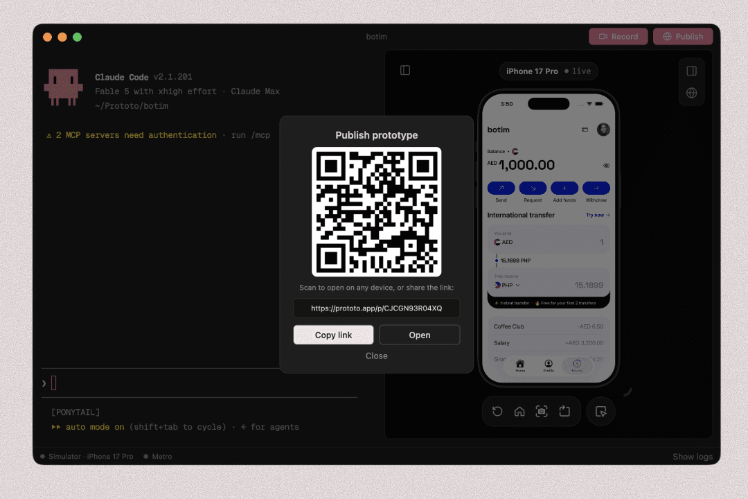 The Publish panel in Prototo Desktop: QR code, share link, and Copy button over the live iPhone preview