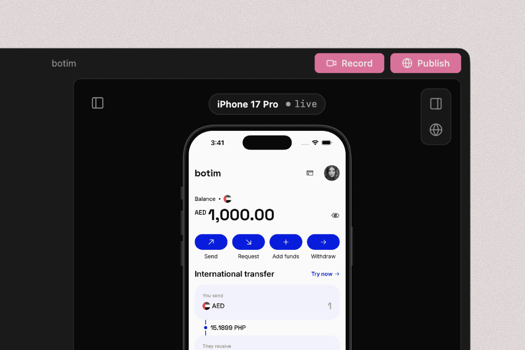 Prototo Desktop with the Record button in the top right, next to the live iPhone preview